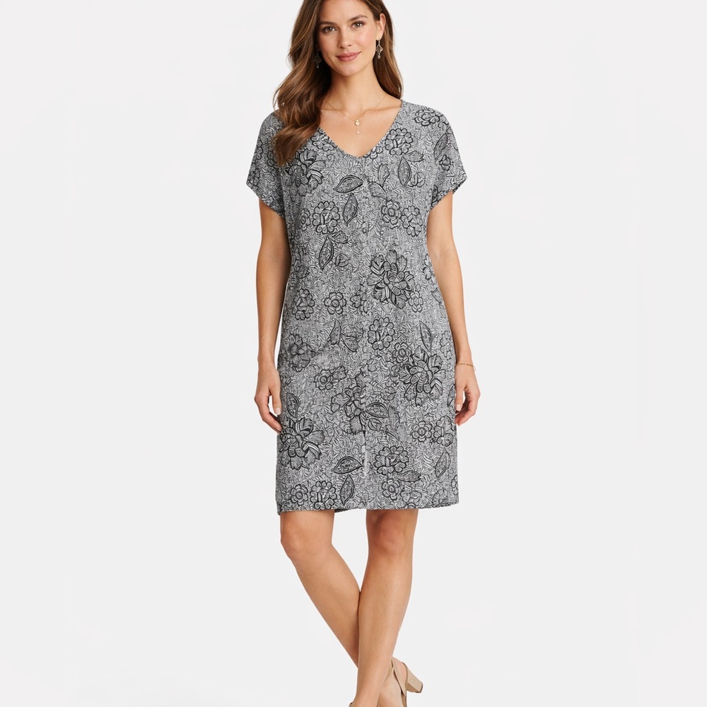 J. Jill Wearever Women’s Gray Floral Shift Dress XSP V-Neck Quiet Luxury Casual
